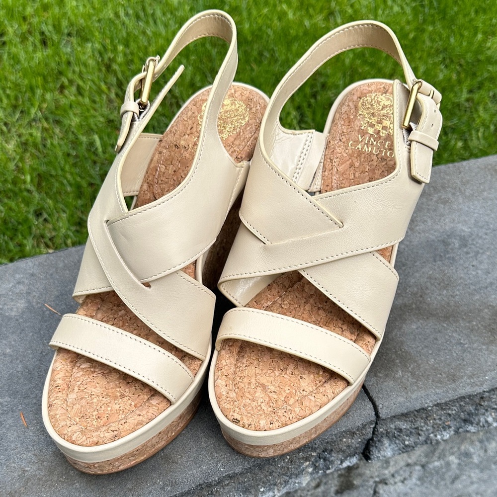Vince Camuto Cream Leather Cork Wedge Sandals
